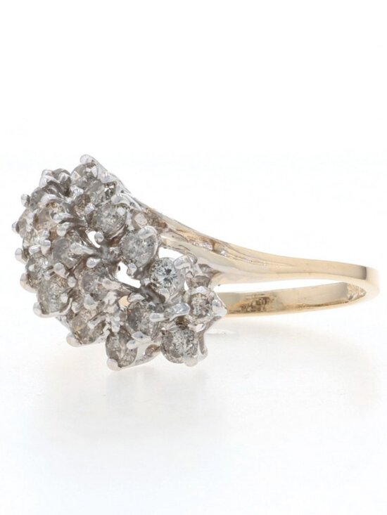 Yellow Gold Diamond Cluster Cocktail Bypass Ring -14k Round  Yellow Gold Diamond Cluster Cocktail Bypass Ring 10k Rd 1.00ctw Floral Waterfall